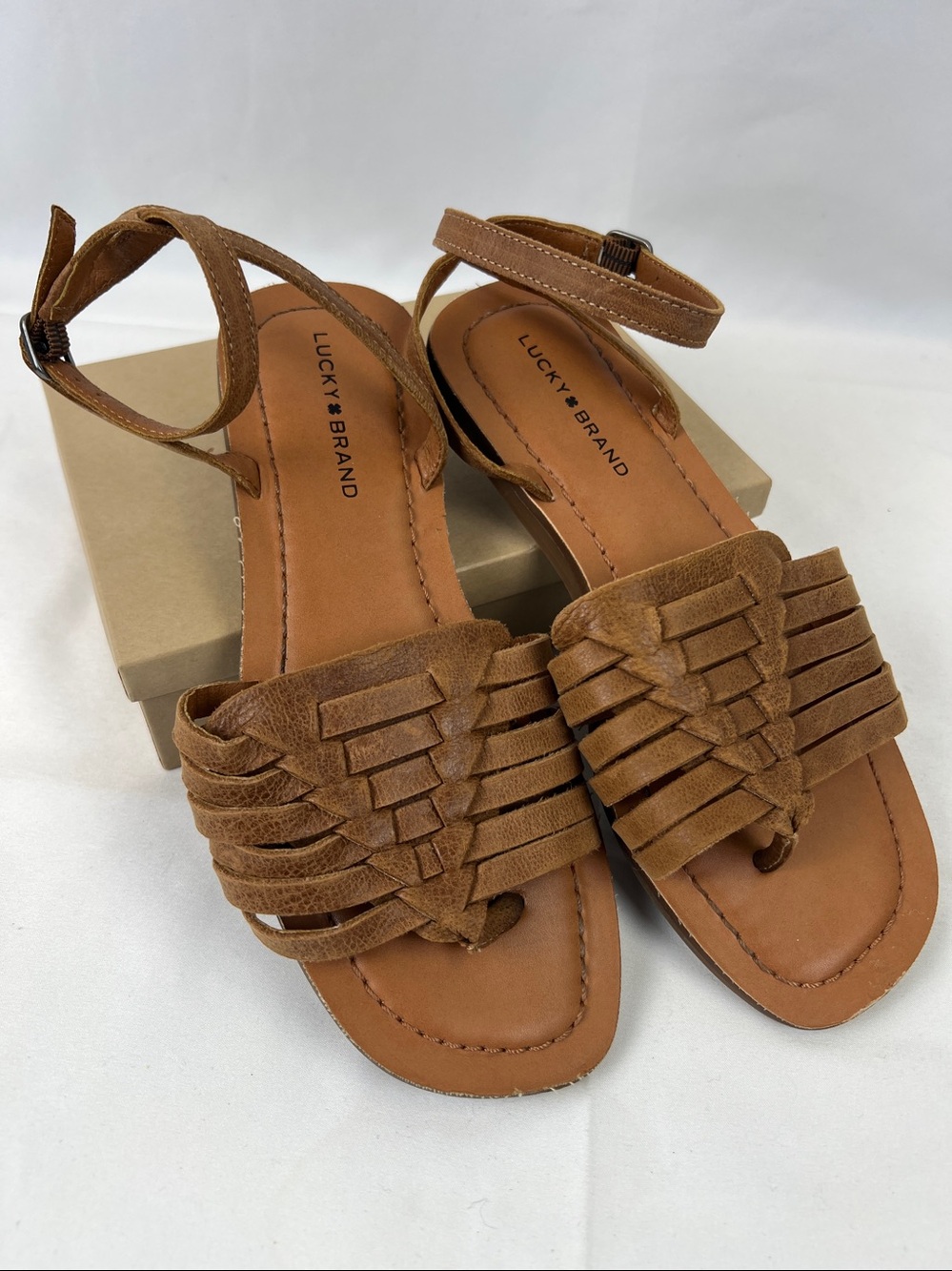 Lucky Brand Sandals Womens Size 6 Woven Leather Thong Ankle Strap Flat Boho
